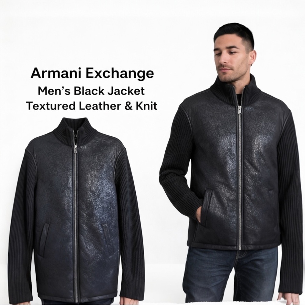 Armani Exchange Men’s Black Textured Ribbed Knit Zipper Front Logo Cardigan